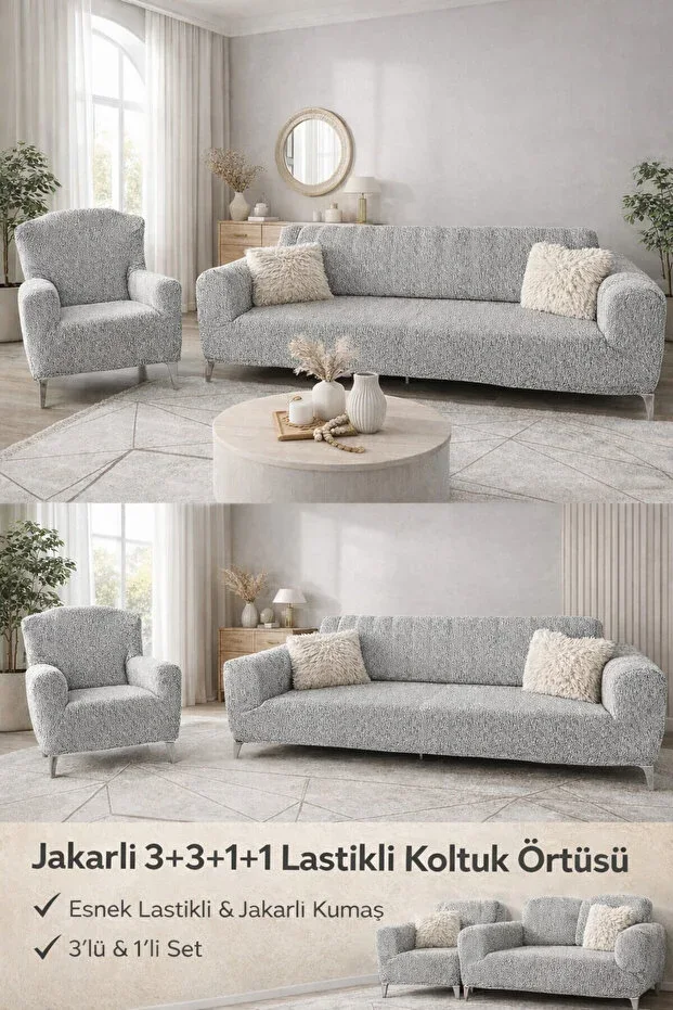Jacquard 3+3+1+1 Stone-Grey Elastic Sofa Cover | Elastic Armchair Cover | Armchair Cover Set
