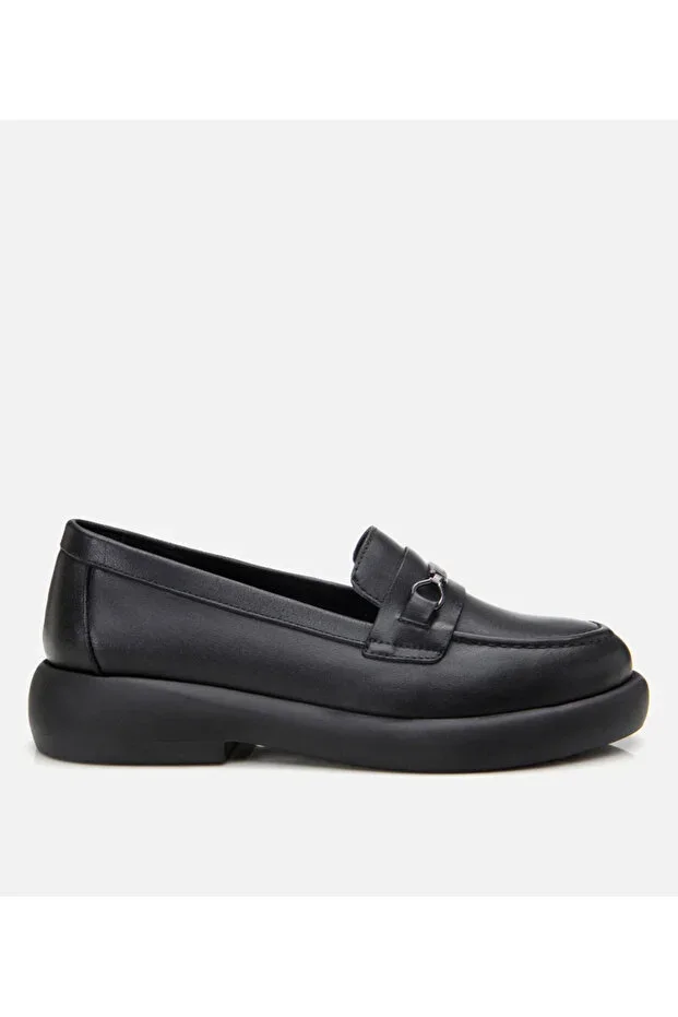 Genuine Leather Black Women's Buckled Loafer