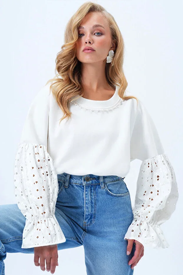 Women's Ecru Blouse with Pearl Detail and Lace Sleeves Alc-X14436