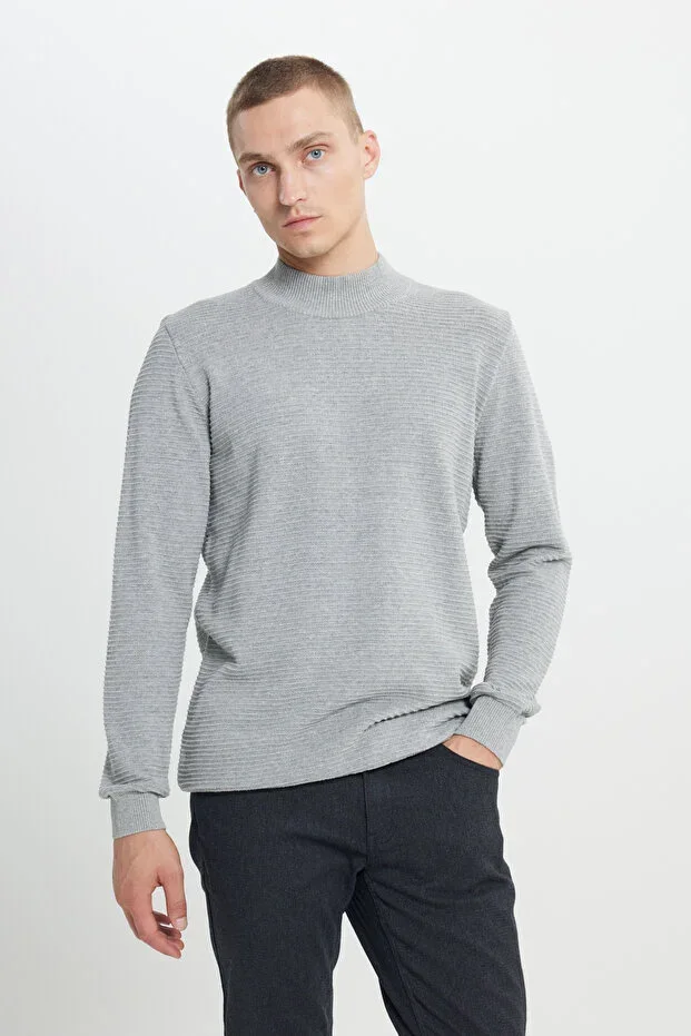 Men's Grey Melange Standard Fit Half Turtleneck Cotton Patterned Knit Sweater
