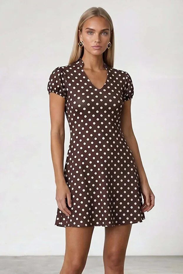 Women's Coffee V-Neck Puff Sleeve Polka Dot Patterned Dress Alc-X15524