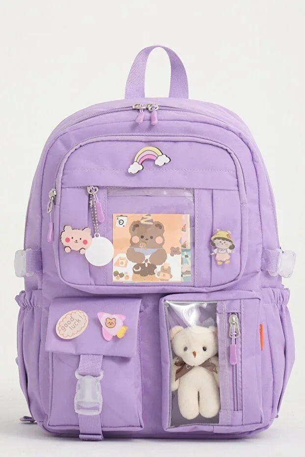 Kawaii Korean Style School Bag with Accessories for Girls and Boys, Lilac