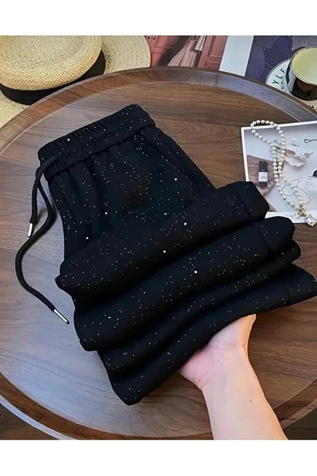 Genel Markalar Season 1 Shine Glitter Stone Printed Black Sweatpants