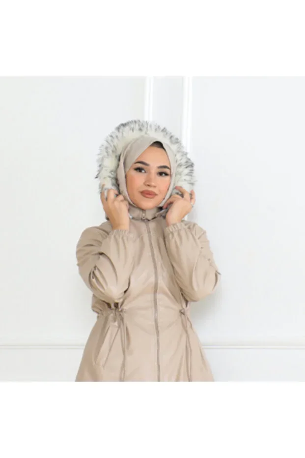 Waist Gathered Zippered Side Pocket Hooded Modest Leather Jacket 62622