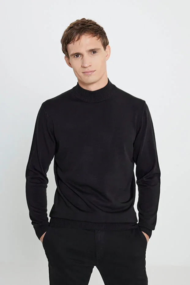 Black Standard Fit Half Turtleneck Sweater