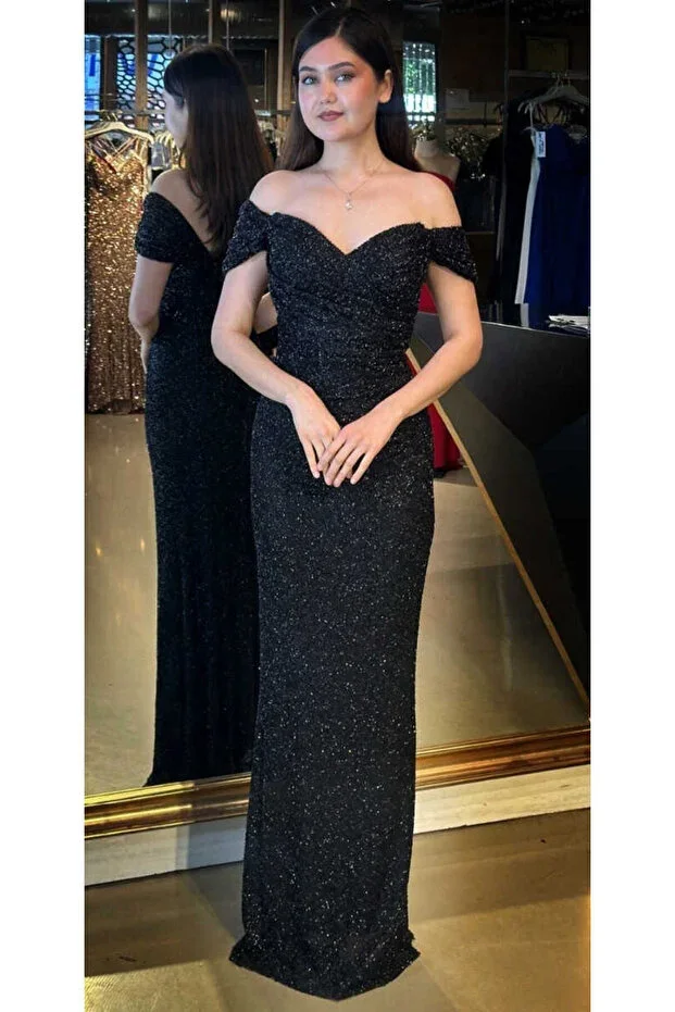 Abiyeniall Black Madonna Collar Straight Cut Sequined Beaded Long Evening Dress 11023