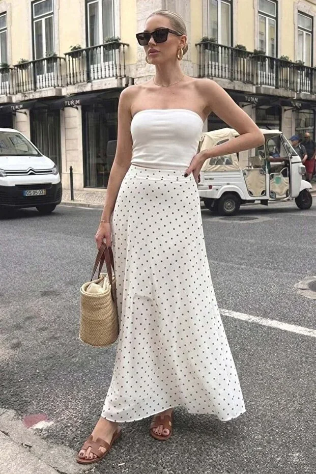 Madmext White Minimal Polka Dot Pattern Chiffon Lined Skirt MG2821