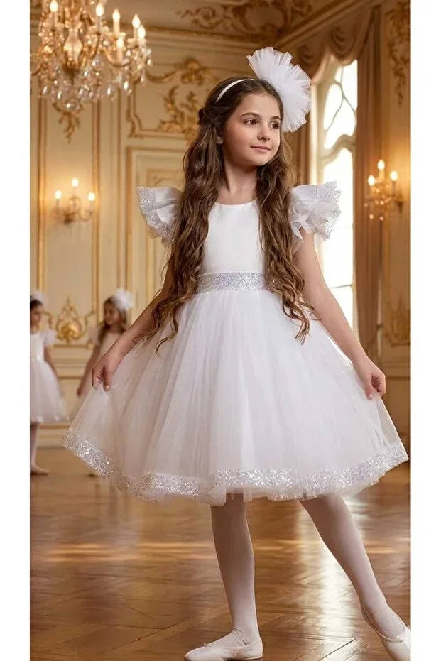 Girls Tulle White Buckled Wedding Dress Princess Birthday Bayram Chic Dress