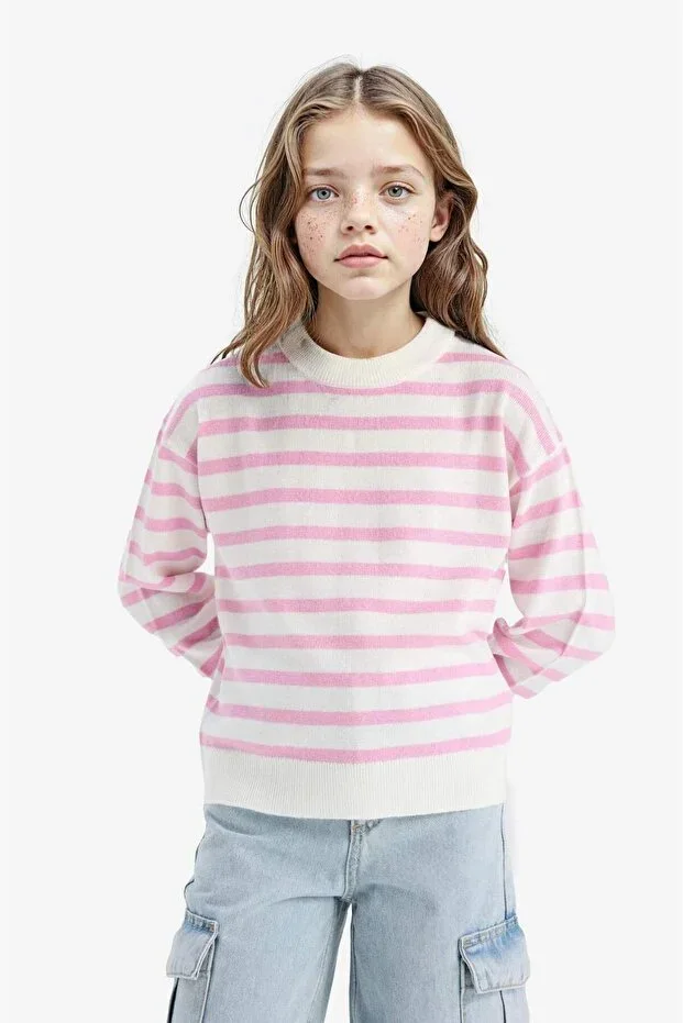 Standard Fit Crew Neck Striped Knit Sweater Girls C6903A825AU