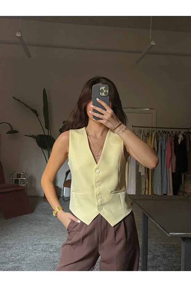 Pastel Color Fitted Scuba V Neck Buttoned Vest