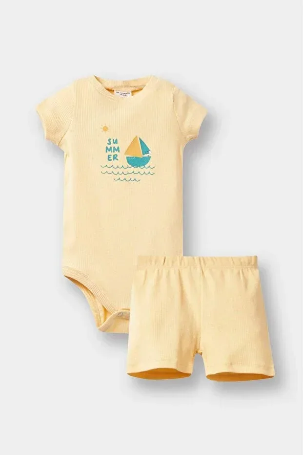 2'li Set Printed Ribbed Ribbed Short Sleeve Snap Button Bodysuit Shorts Baby Boy E8228A525SM