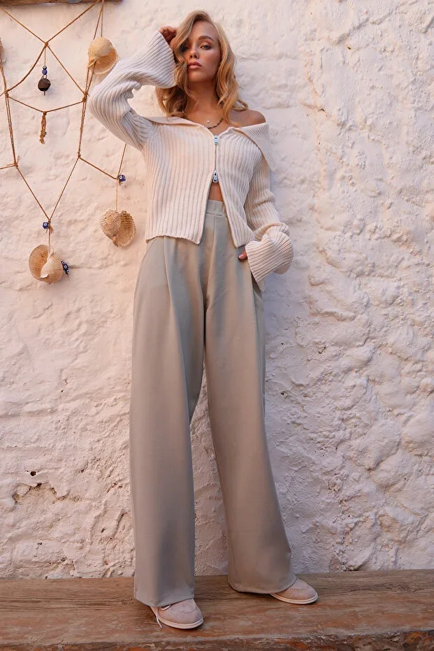 Bej Pile Detaylı Örme Palazzo Pants ALC-X14535