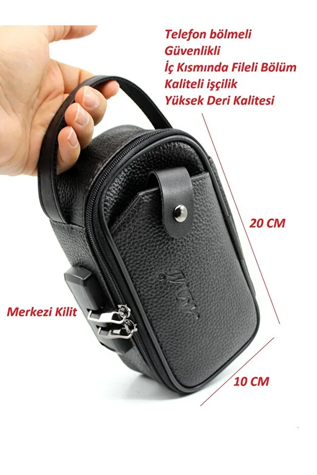 Black Leather Lock Portfolio Handbag Travel Shaving Cosmetic Clutch Bag