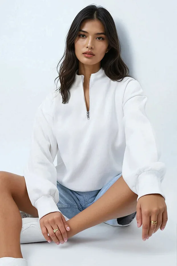 Women's Ecru Stand-Up Collar Zippered Inside Brushed 3-Thread Crop Sweatshirt ALC-X12757