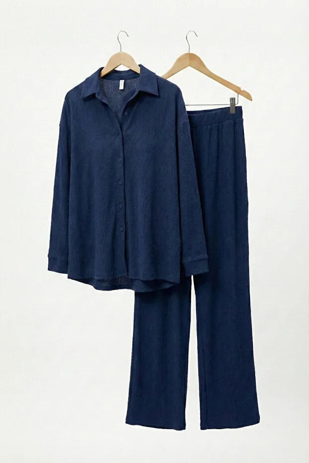 Bürümcük Fabric Shirt Collar Buttoned Top Bottom Set Suitable for Modest Fashion 2XL 6XL