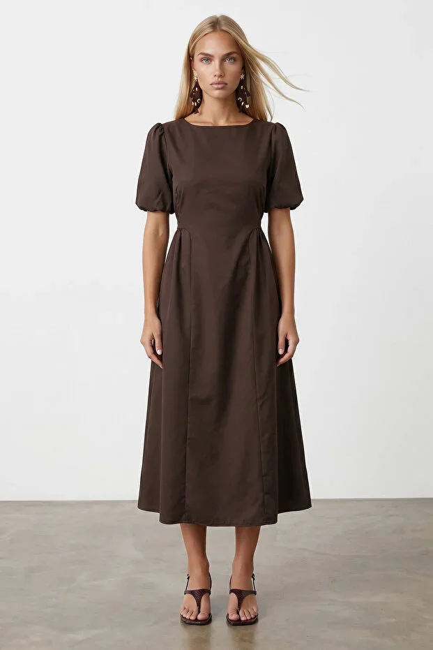 Trend Alaçatı Stili Gathered Waist Balloon Sleeve Woven Dress Alc-X15521