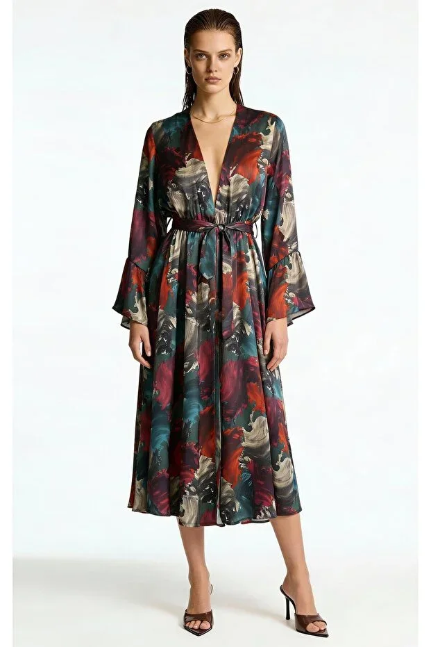 Roxela Patterned Long Satin Robe / Kimono