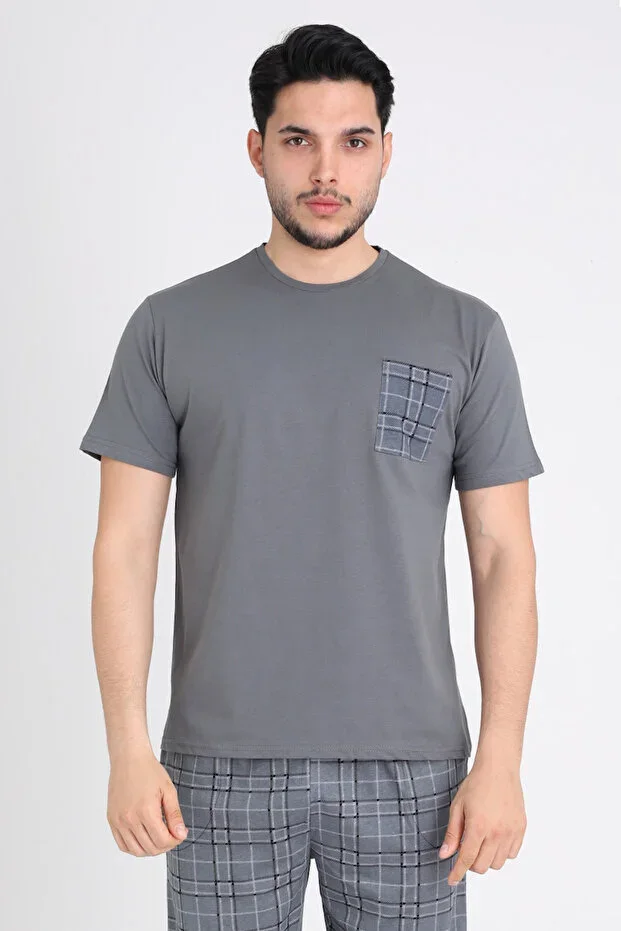 Leeds Wrist 100% Cotton Men's Short Sleeve Plaid Grey Pajama Set