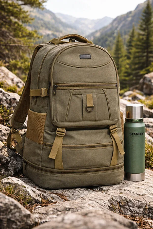 MOUNTAINEER CAMP BACKPACK LINEN STRONG FABRIC BELLOWS 8 CM Color Tobacco