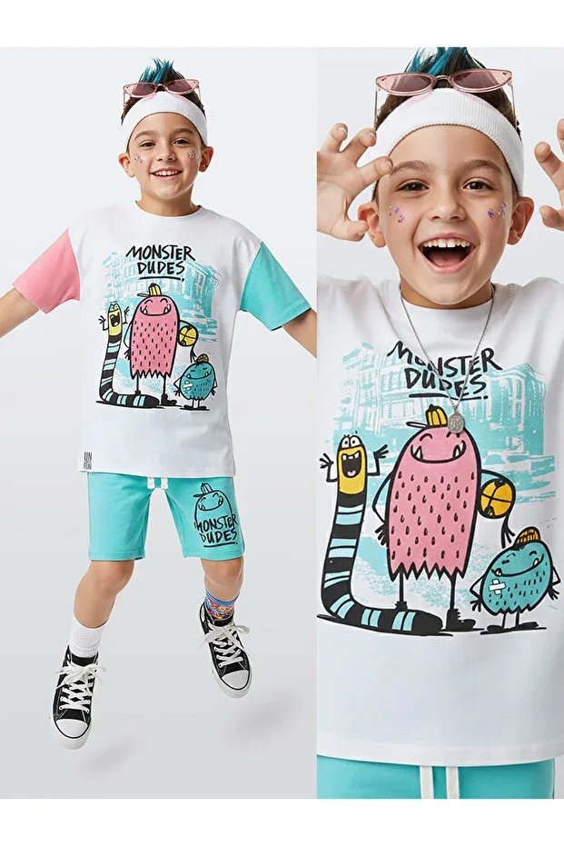 Boys' Suit Monster Print 100% Cotton T-Shirt Cotton Shorts Summer Suit