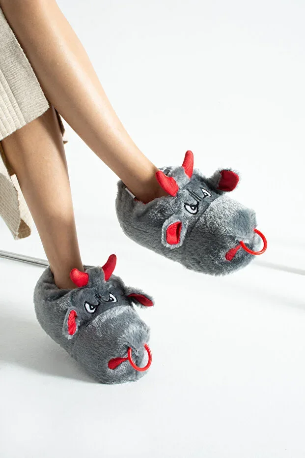 Gri Boğa Silent Sole Plush Slipper House Shoe