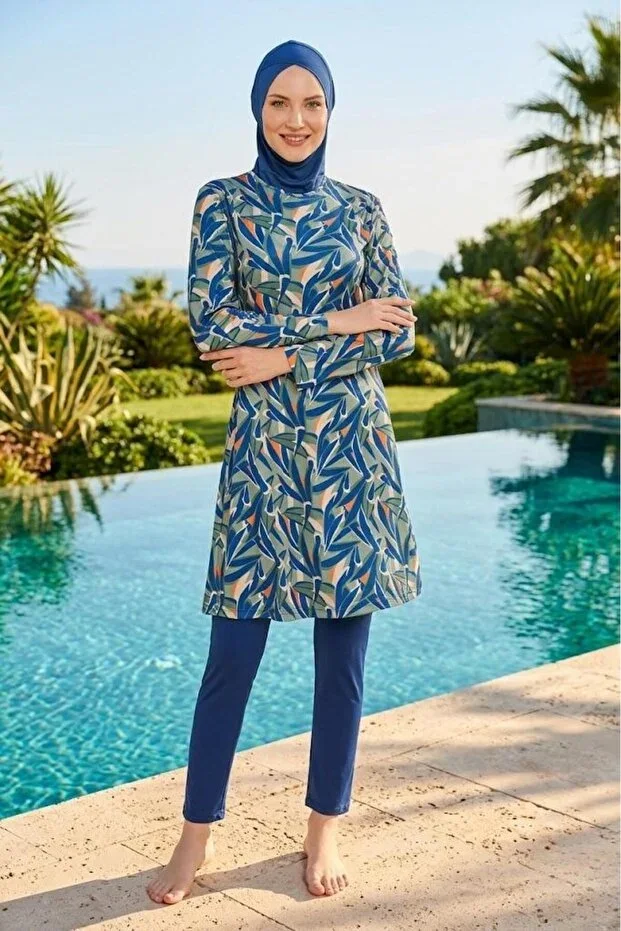 Fully Covered Modest Swimsuit Ethnic Patterned 4-piece Set with Bustier and Cap