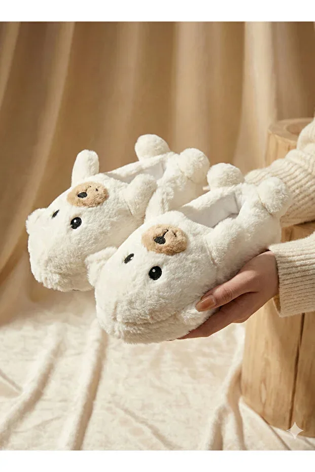 ZERA TREND Teddy Bear Figure Relaxed, Comfortable, Ecru Plush House Boot Slippers