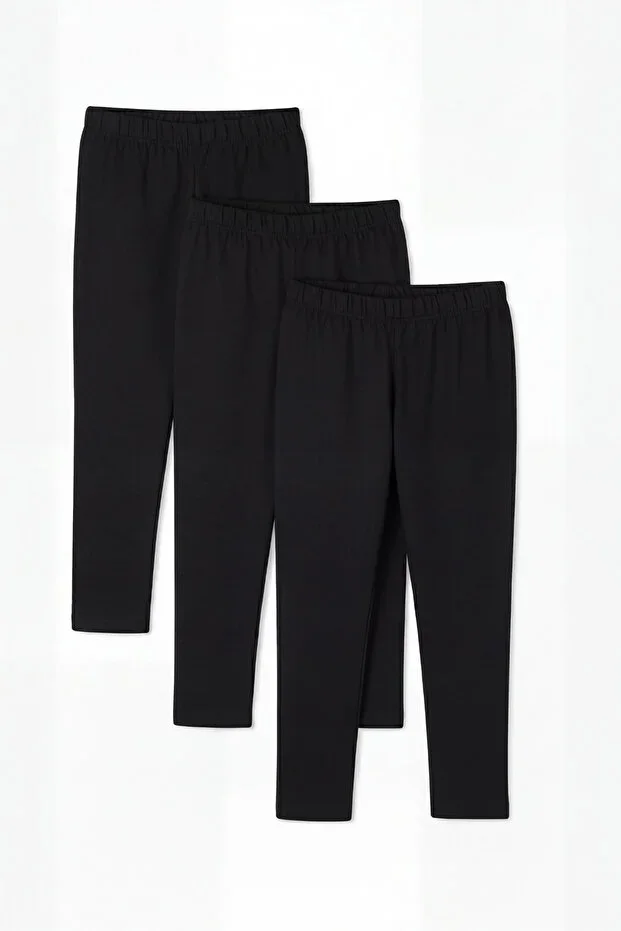 Girls' Long Tights Black Cotton Lycra Plain Basic 3-Pack