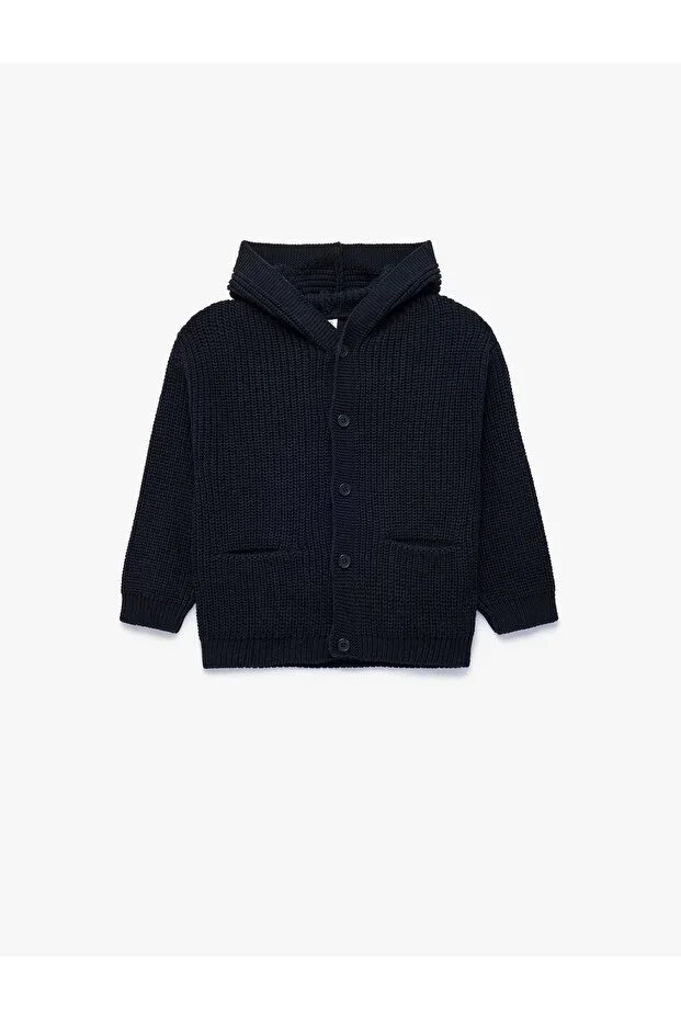 Pocketed Long Sleeve Buttoned Hooded Knit Cardigan
