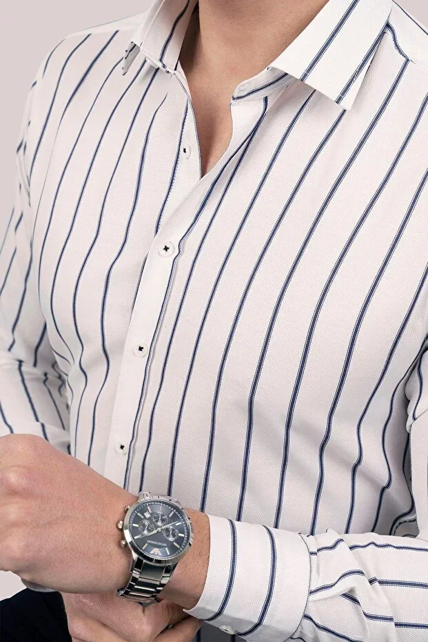 White Navy Striped Slimfit Men's Shirt