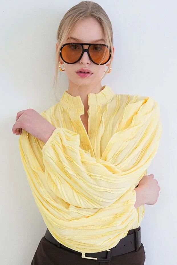 Yellow Mandarin Collar Button-Front Balloon Sleeve Ruffle Fabric Shirt Blouse Alc-X15405