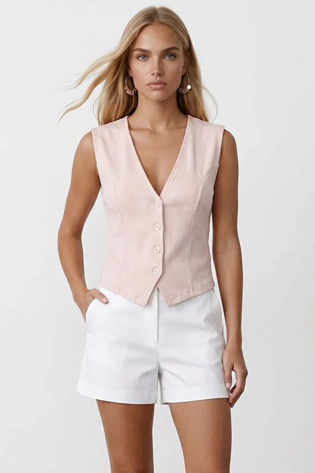 Pudra Pink V-Neck Stitch Detail Vest Alc-X15496