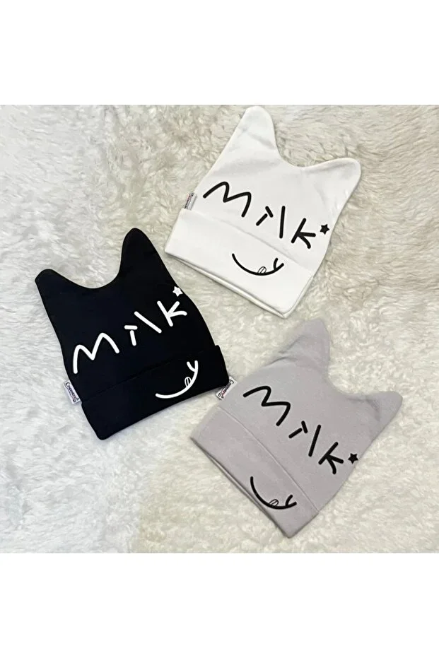 Black White Grey 3-Piece Milk Figurine Baby Boy Girl Child Cotton Hat Beanie