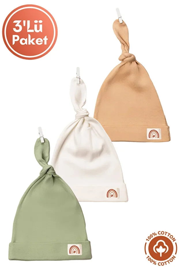 Unisex Baby Armband Detailed Tie-Up Terry Organic Cotton Newborn 3-Piece Baby Hat Set