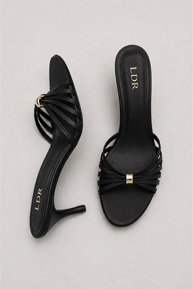 Women's Black Satin Short-Heeled Slippers with Gold Buckle