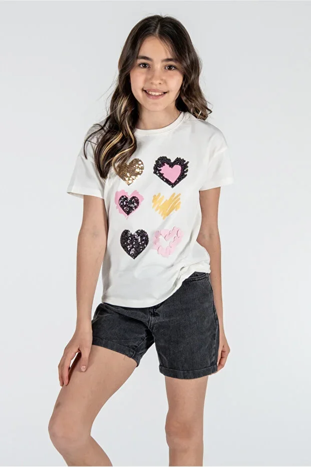 %100 Cotton Girls White Heart Sequin Short Sleeve T-Shirt / Different Color Options