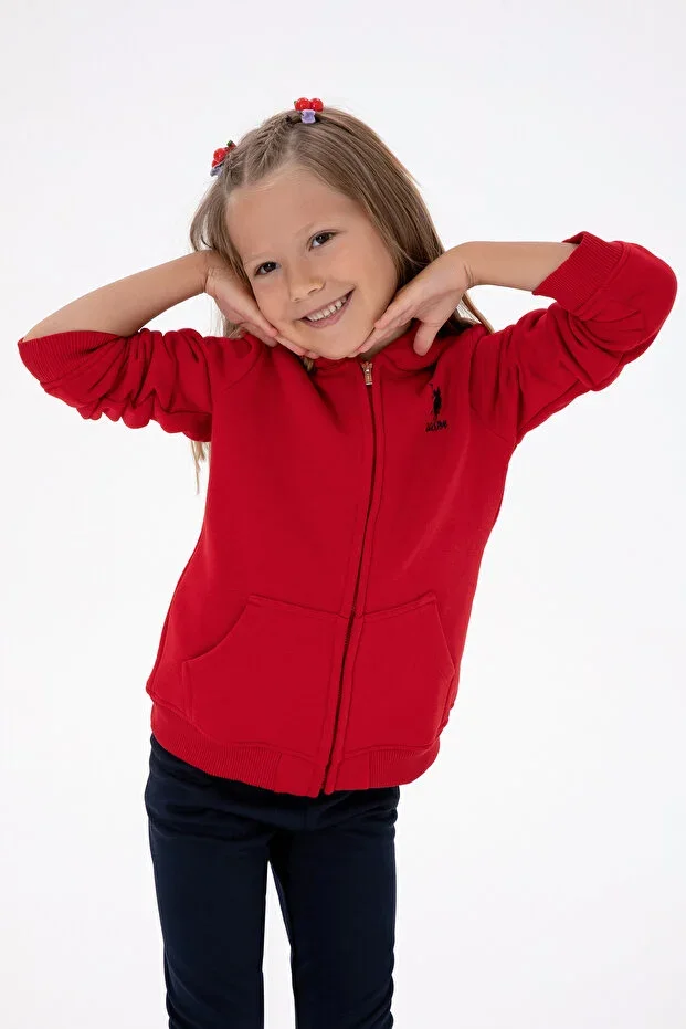 Girl Red Hooded Zip-Up Fleece Basic Sweatshirt 50316809-VR171
