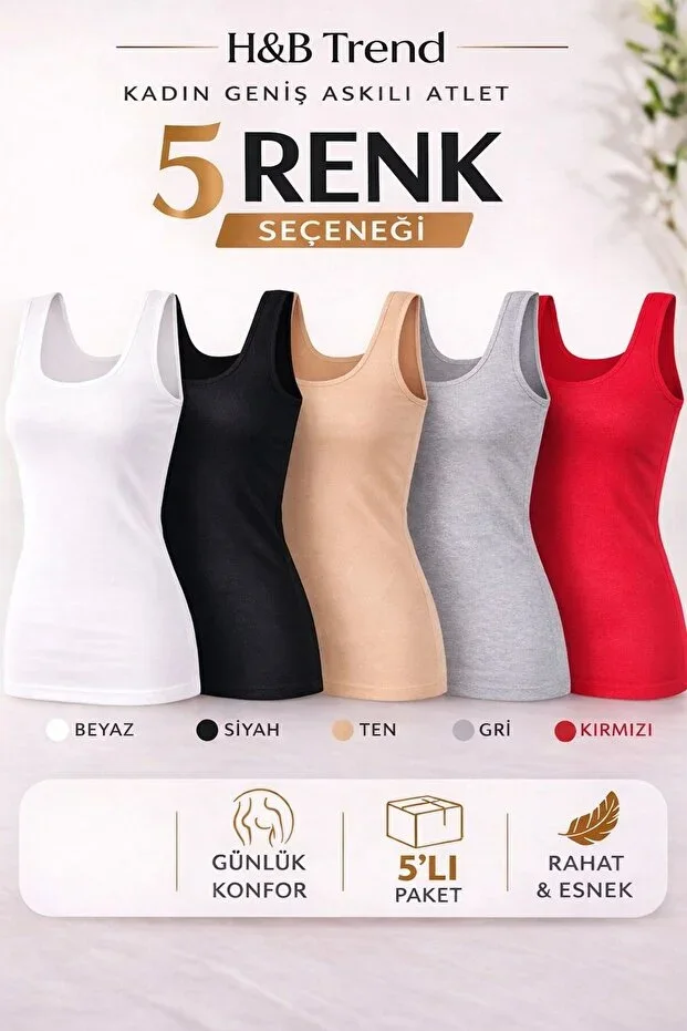 Women's COLORED Wide Strap Elastane Undershirt 5 COLORS 5 Pieces (RED NUDE BLACK WHITE GRAY)