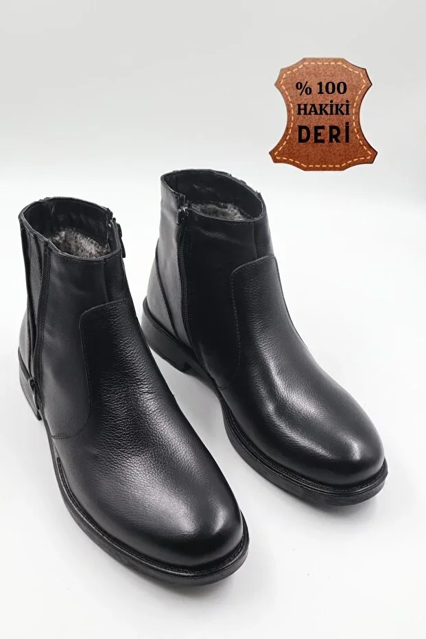 Men's Genuine Leather Cold-Resistant Fur Lined Non-Slip Sole Zipper Black Casual Boots