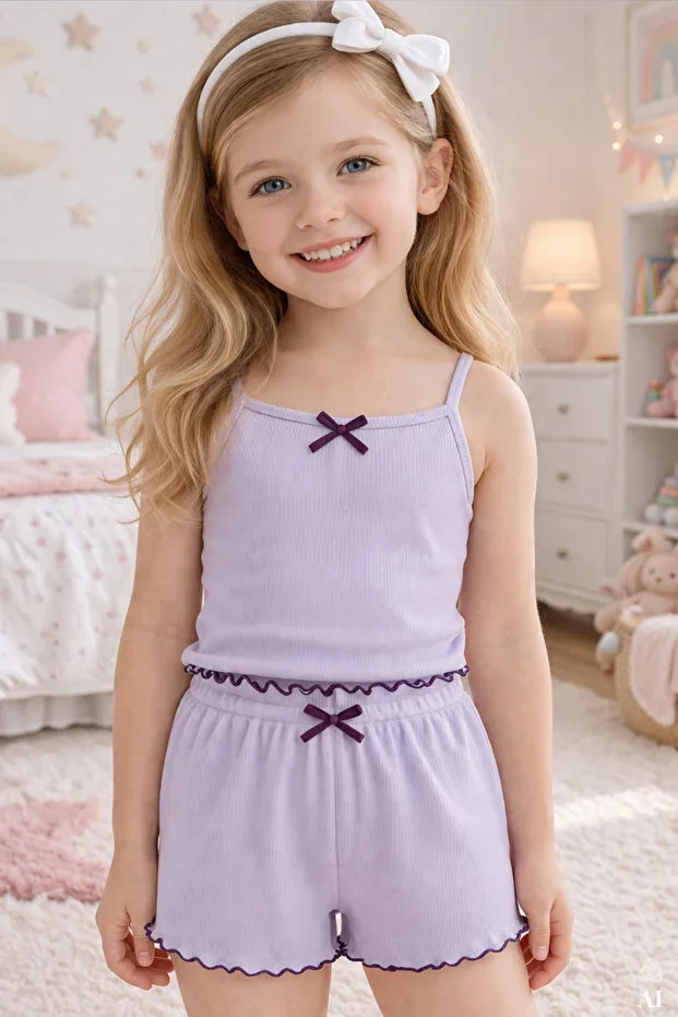 Girls Cotton Bow Strap Pajama Set with Shorts