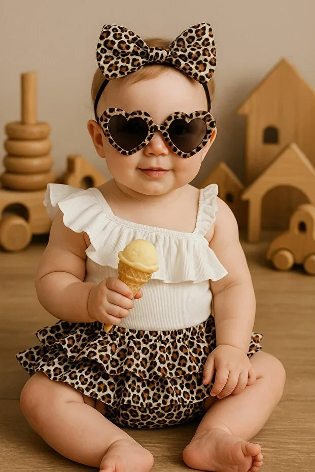 Girl Baby One Shoulder Ruffled Bodysuit Leopard Print Shorts Skirt Bandana Set