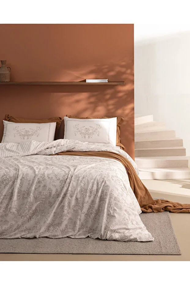 Etoile Double Size 100% Cotton Ranforce Printed Sheeted Duvet Cover Set - Beige