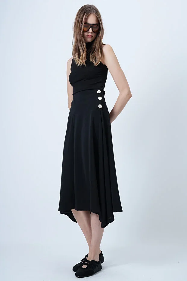 Black Gold Button Detail Midi Skirt ALC-X14639
