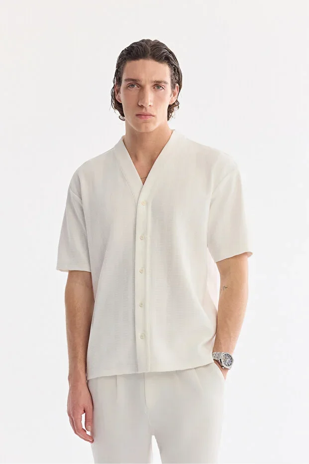Men's Ecru Jacquard V-Neck Short Sleeve Knit Shirt A61Y2232