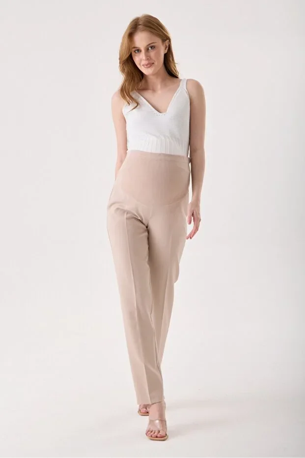 Maternity Beige Fabric Trousers Adjustable Waist Double Fabric