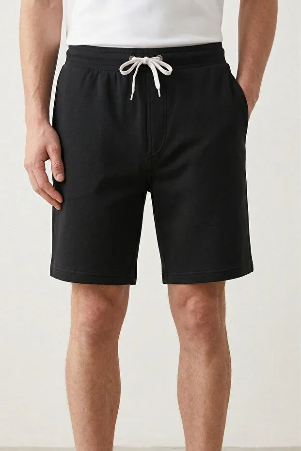 Cotton Men's Black Casual Shorts with Side Pockets, Drawstring, Regular Fit, Straight Leg, Daily Bermuda, 2-Thread