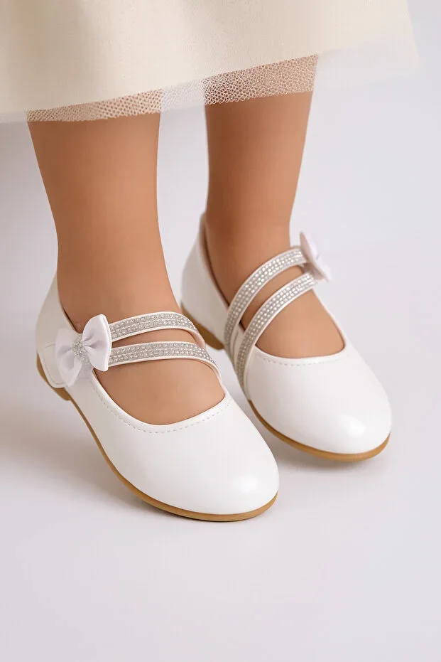 White Double Stone Velcro Bow Girl Child Ballet Flats