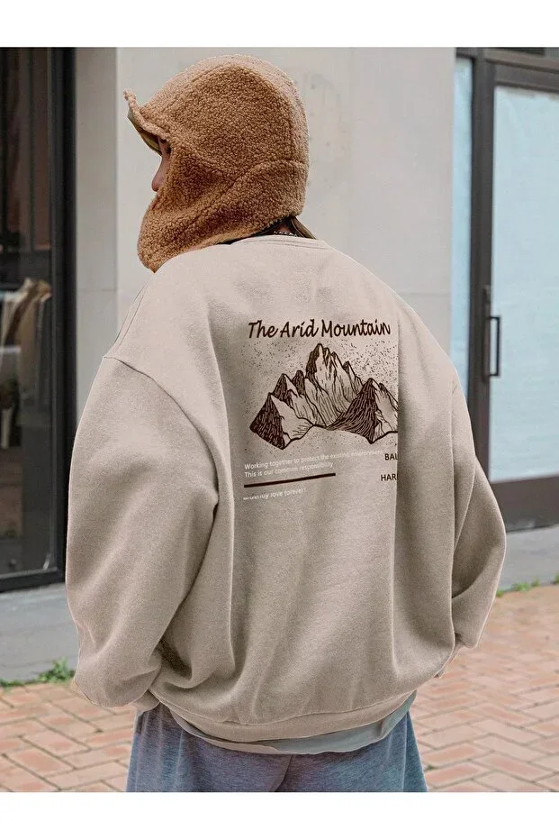 Kadın Bej Arid Mountain Baskılı Oversize Sweatshirt