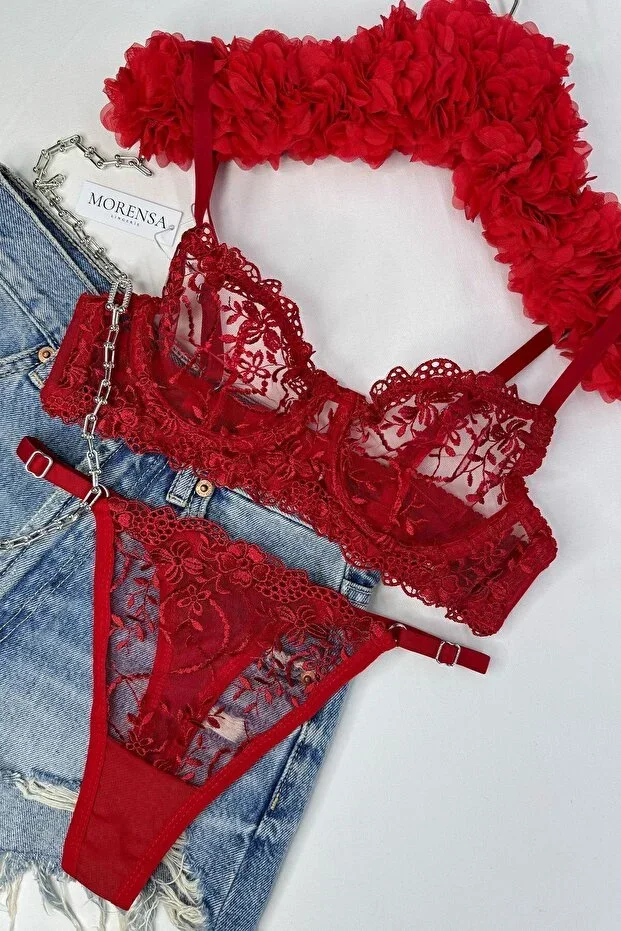 Floral Underwired Bra Lingerie Set Red