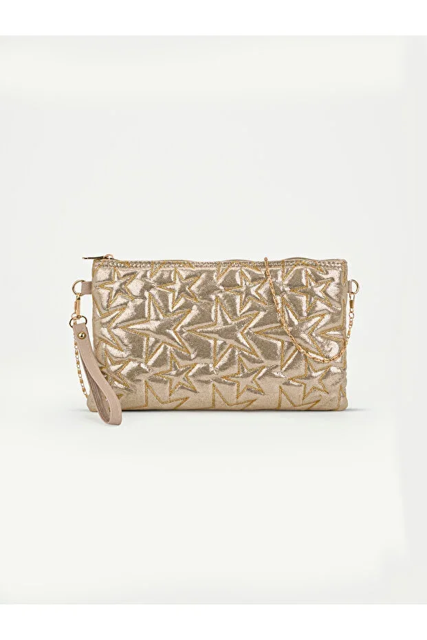 SHAKA Simli Rose SHK301 Embossed Star Zippered Chain Strap Women's Hand, Shoulder, and Wrist Bag